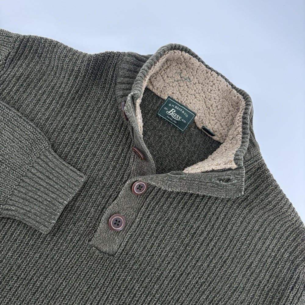 GH Bass Knit 1/4 Button Sweater Pullover Green Sherpa Lined Collar Sz XL